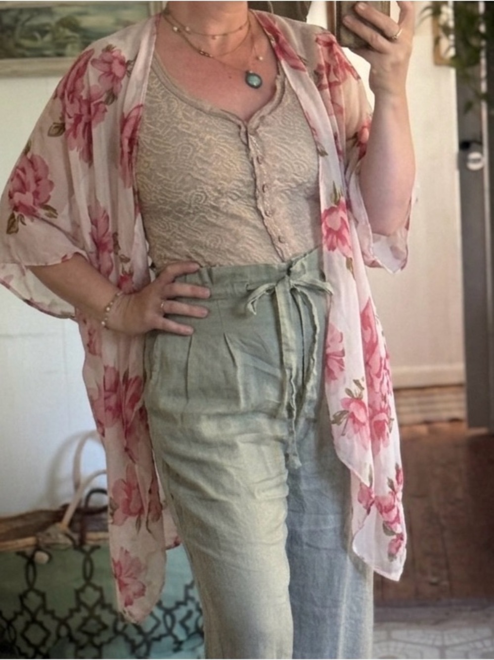 Floral Sheer Duster Kimono in Cream and Pink